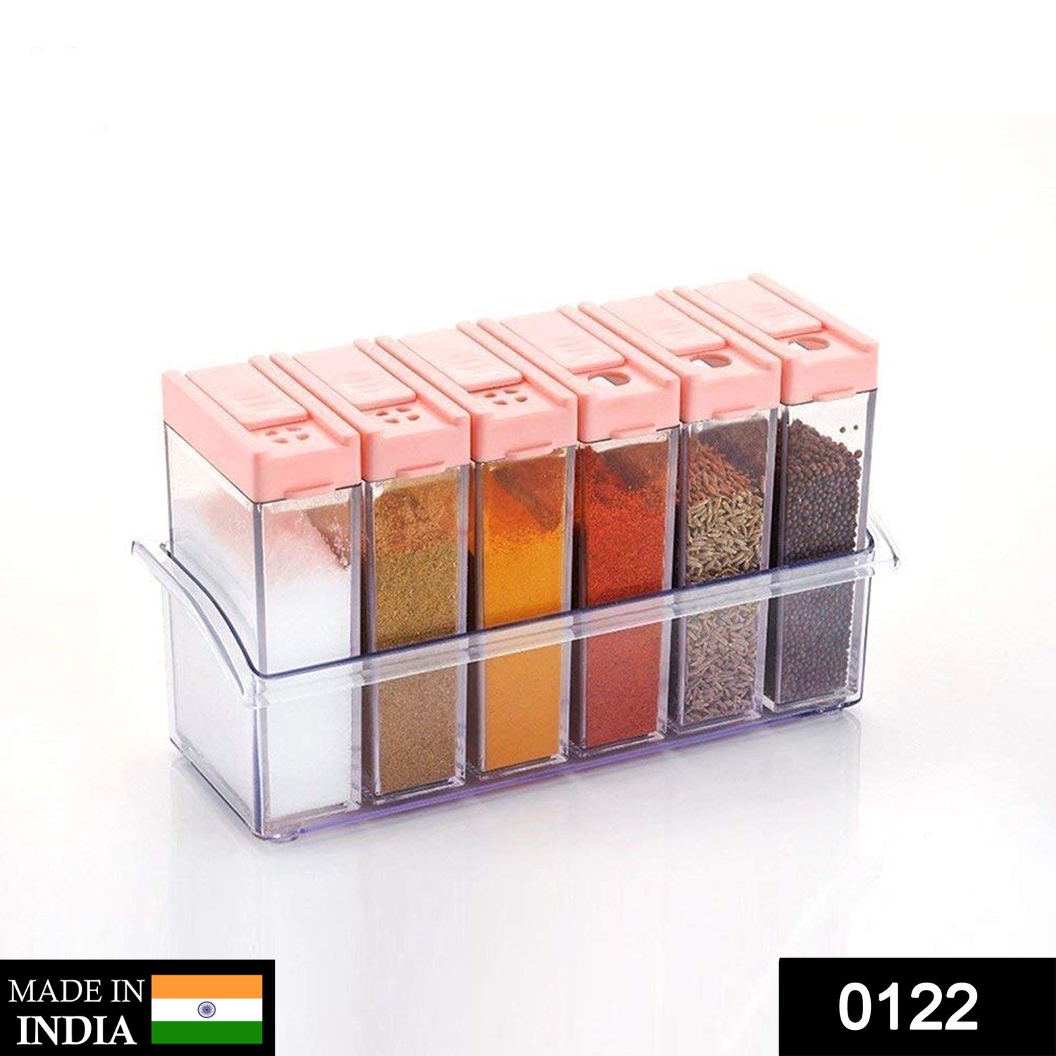 Plastic spice jars in assorted colors, arranged neatly Plastic spice jars in assorted colors, arranged neatly